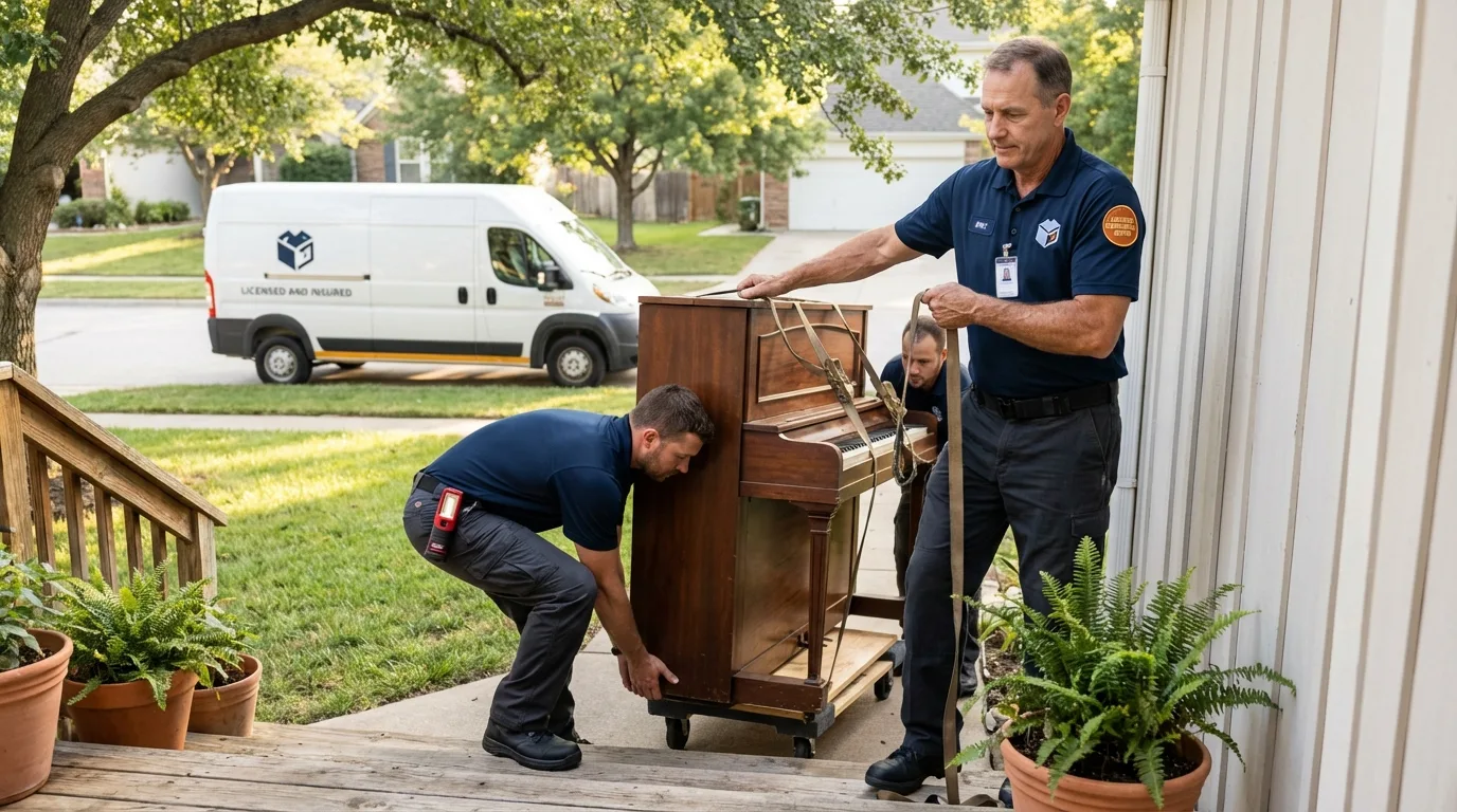 Licensed piano movers securing grand piano in Gautier, MS