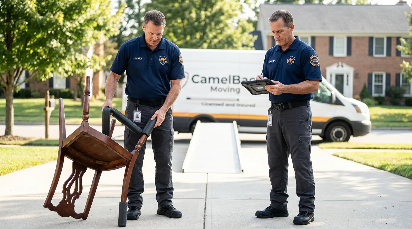 Movers inspecting furniture for damage prevention before loading in Gautier, MS
