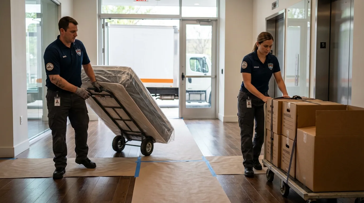 Professional apartment movers loading elevator in Gautier, MS